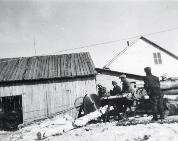 Patrimoine St-Léon — 1931 — foresterie — Tags: foresterie, travail — Débitage du bois de poêle, 1931